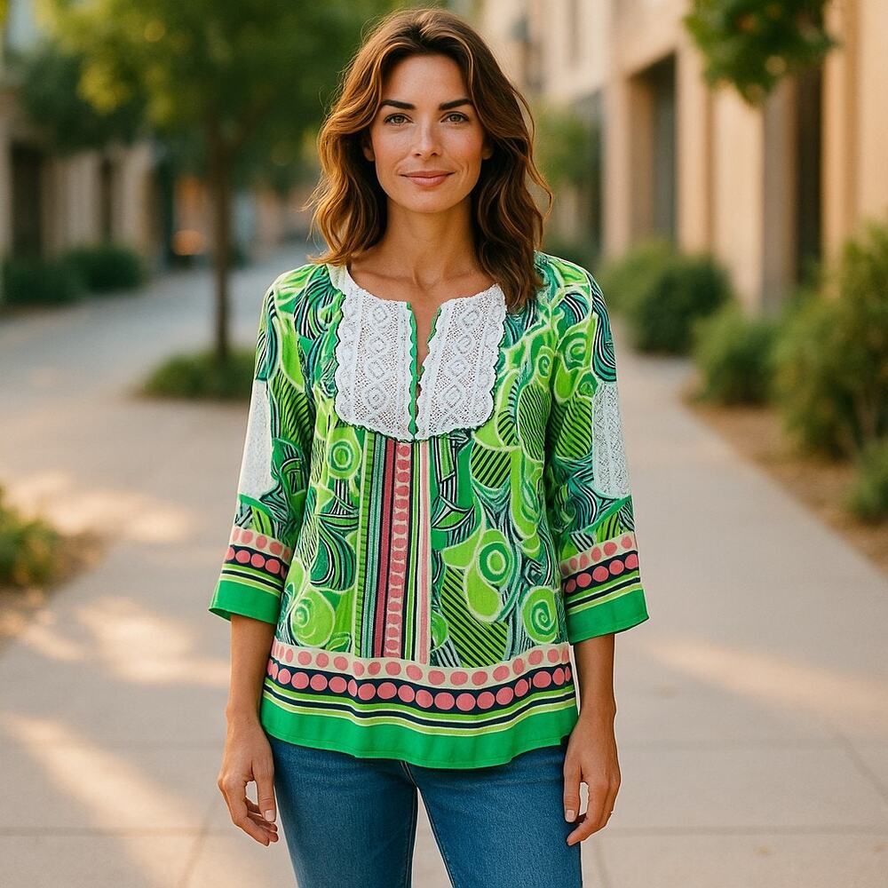 crown & ivy Womens Blouse Size Small Pink Navy Green White Lace Peasant Preppy - Picture 2 of 10